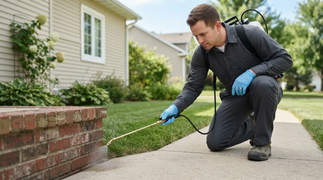 Pest control technician treating a home near Elsberry, MO